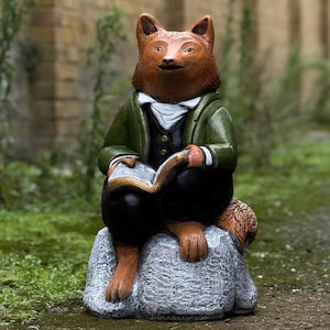 Charming fox reading statue Concrete garden and home sculpture Storytelling animal decor Whimsical outdoor ornament Literary yard art Gift