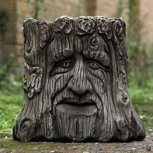 Op de afbeelding: Een grijze betonnen plantenbak in de vorm van een boomstronk met een gegraveerd gezicht. Het gezicht heeft een gefronste wenkbrauw, een lange neus en een gesloten mond met een baard.