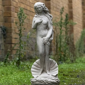 Może przedstawiać: Biała kamienna statua kobiety stojącej na muszli. Statua znajduje się w ogrodzie z zieloną trawą i ceglaną ścianą w tle.