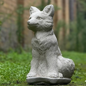 Stone baby fox sculpture Concrete fox statue Outdoor fox figurine Cement forest ornament Nature-inspired yard art Woodland animal decor