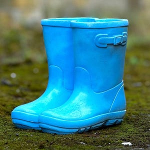 Pode incluir: Um par de galochas azuis brilhantes. As botas são feitas de um material liso e impermeável e têm um detalhe de fivela na parte superior. Estão sobre musgo verde.