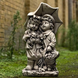 Girl and Boy With Umbrella Statue Brother and Sister Sculpture
