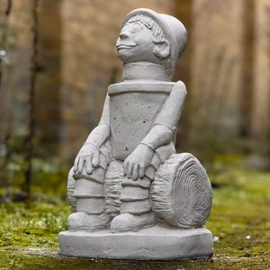 Concrete boy drummer statue Handcrafted garden boy sculpture Rustic stone child on log Cement yard ornament Stone weathered figure Yard art