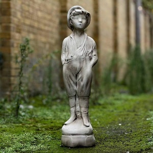 Vintage boy statue Outdoor children decor Cement figurine for outdoor spaces Yard art ornament Concrete child sculpture Children lover gift