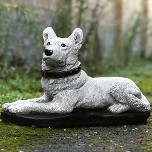 White German Shepherd figurine Stone dog memorial sculpture Outdoor dog decoration Garden guard dog figure Cement dog figurine Pet dog lover