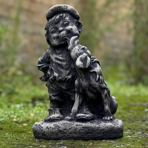 Garden playful boy with dog sculpture Concrete memorial dog decor Outdoor funny figurine Stone children ornament Child with pet decoration