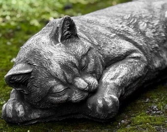 Outdoor sleeping cat statue Stone relaxing kitty figurine Concrete kitten decoration Cement memorial decor Pet lover gift Handmade yard art