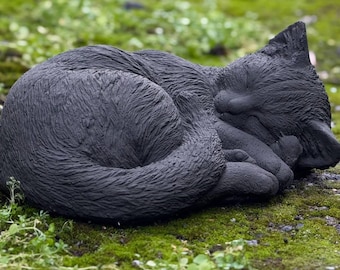 Black curled cat figure Stone sleeping kitty statue Concrete kitten decoration Cement memorial cat ornament Pet lover gift Garden ornament