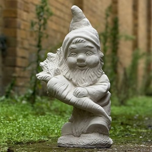 Stone gnome with carrots statue Outdoor garden decoration Concrete gnome ornament Cement unique yard art Gnome lover gift Home sculpture