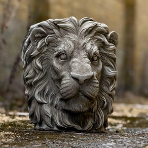 Stone lion head planter sculpture Concrete lion pot statue Garden king decoration Cement jungle animal ornament Outdoor flower pot art