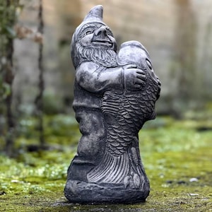 Garden gnome with fish sculpture Concrete fish figurine Outdoor gnome statue Stone gnome ornament Yard art decoration Gnome lover gift