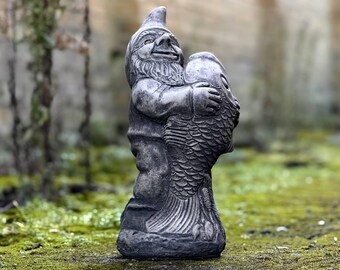 Garden gnome with fish sculpture Concrete fish figurine Outdoor gnome statue Stone gnome ornament Yard art decoration Gnome lover gift