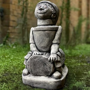 Garden boy drummer sculpture Concrete boy statue Stone child on log figurine Yard ornament Outdoor weathered decoration Boy lover gift