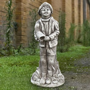 Massive boy with scroll statue Concrete farmhouse sculpture Outdoor yard decoration Cement child figure Stone garden pathway Boy lover gift