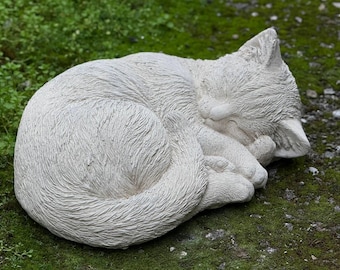 White curled cat sculpture Stone sleeping kitty statue Concrete kitten decoration Cement memorial cat ornament Pet lover gift Garden decor