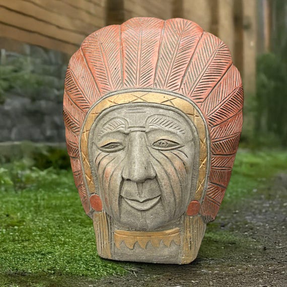 Stone Indian Head Statue Concrete Native American Garden