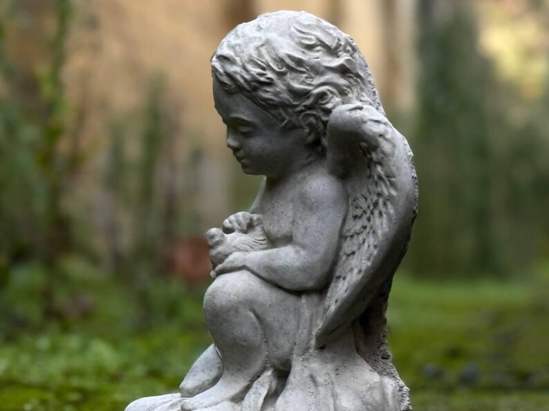 Unique Sitting Baby Angel With Bird Figurine Concrete Cherub Statue ...