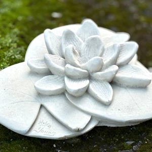 May include: White ceramic sculpture of a water lily with a single flower and leaves. The sculpture is signed "Helen Young".