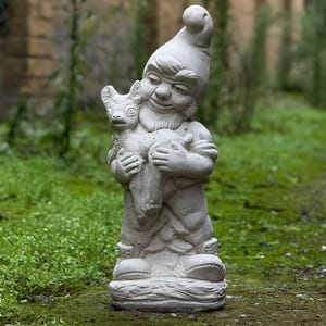 Smiling gnome with holding deer figurine Stone gnome decoration Concrete animal statue Cement garden and home ornament Stone yard art Gift