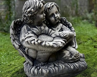 天使と子供の彫刻付きランプ ＊年内売れなかったら処分します＊ コンクリート製の赤ちゃん天使とヒマワリの像、石製の天使のペアの彫刻