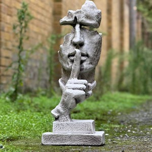 Concrete silence face statue Stone face figurine Abstract shushing sculpture Modern garden decor Cement whispering figure Unique ornament