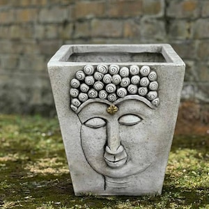 May include: A square, grey concrete planter featuring a detailed relief of Buddha's face. The Buddha's serene expression is emphasised by closed eyes and a gentle smile. The top of the head has a spiral pattern, and a small gold accent is on the forehead.