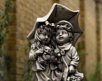 Girl and Boy With Umbrella Statue Brother and Sister