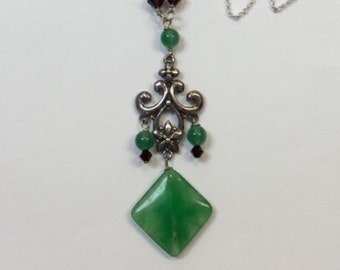 green onyx, swarovski crystal and silver necklace
