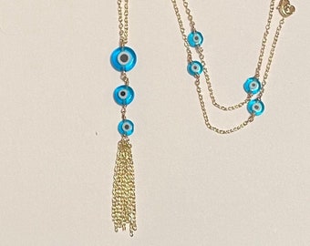 gold and turquoise evil eye tassel necklace
