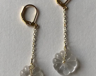 gold and repurposed glass flower lever back earrings