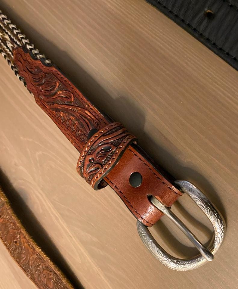 Vintage Braided Horsehair Leather Tooled Belt Vintage Prison-Made Hitched Horse Hair Belt — Teskeys main image 3