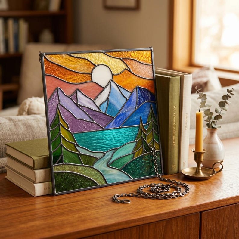 May include: A square stained glass panel featuring a landscape with a white sun, blue and purple mountains, a turquoise lake, and green pine trees. The piece is framed in dark metal and includes a hanging chain attached to the bottom right corner.