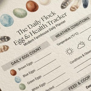 Puede incluir: Un planificador diario de estilo rústico titulado "The Daily Flock Egg & Health Tracker". El planificador presenta ilustraciones de huevos y plumas. Las secciones incluyen el recuento diario de huevos, las condiciones meteorológicas y el consumo de alimento.