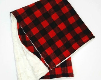 Manta de bebé niño, Buffalo Plaid, rojo, negro, marfil de piel Minky, personalizado, manta de cheque de búfalo, manta de cuna personalizada, plaid de leñador, bosque