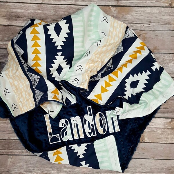 Baby Boy Blanket, Personalized Blanket, Monogrammed Blanket, Aztec Tribal, Navy Minky,Minky Baby Blanket,Stroller Blanket, Toddler Blanket