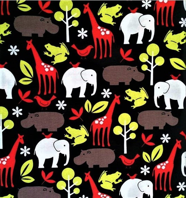 Sewing Elephants Crafting Fabric By The Yard- Quilting Zoology in Black and Lime Cotton Fabric By Michael Miller Frogs Giraffe Hippo