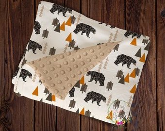 Personalized Baby Boy Blanket, Woodland Bears, Forest,Animals,Minky Blanket,Newborn,Toddler,Name Blanket,Baby Photos,Crib,Orange,Brown,Latte