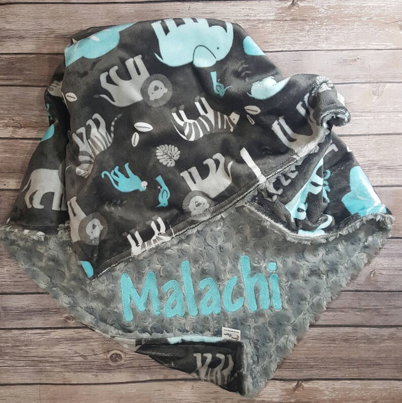 Stroller Blanket Grey Personalized Blanket Baby Boy Blanket Minky Baby Blanket Monogrammed Blanket Jungle Tales Topaz Toddler Blanket