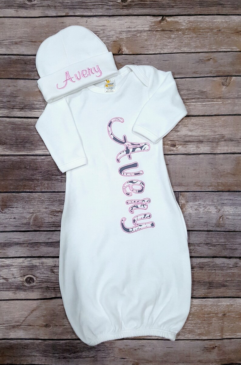 Going Home Outfit Baby Boy Newborn Gown Baby Girl Personalized Onsie Grey Damask Baby Girl Gown /& Hat Monogrammed Gown Personalized