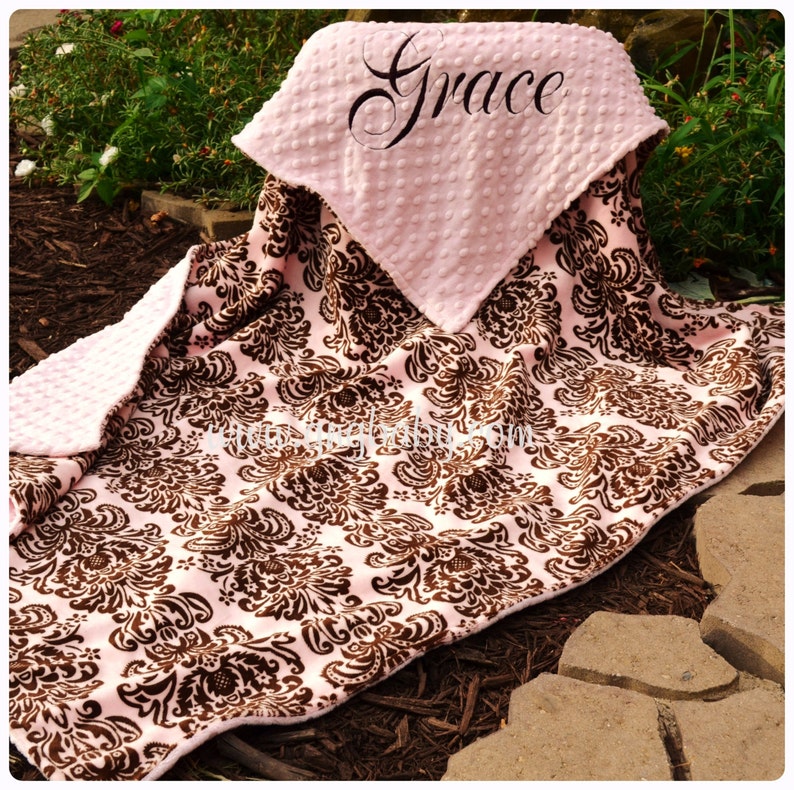 Pink and Brown Damask Baby Girl Damask Blanket Pink Minky,Personalized Baby Blanket Multiple Sizes