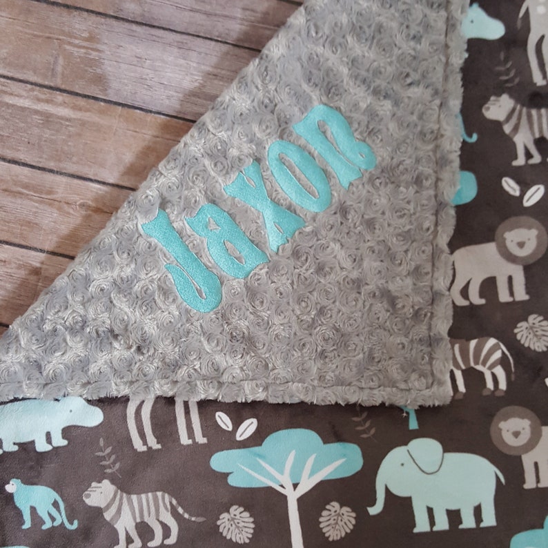 Stroller Blanket Grey Personalized Blanket Baby Boy Blanket Minky Baby Blanket Monogrammed Blanket Jungle Tales Topaz Toddler Blanket