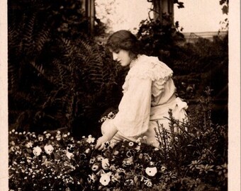 PANSY FACES No.2 Antique Postcard - Bamforth Real Photo Postcard with Poem - Girl picking Flowers - Unposted c1910's