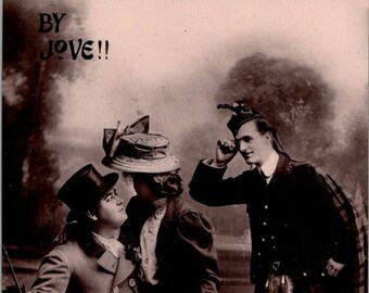 BY JOVE!! Antique Postcard - Real Photo Postcard - Romantic Couple - Man Wearing Kilt - Postmarked June 1911