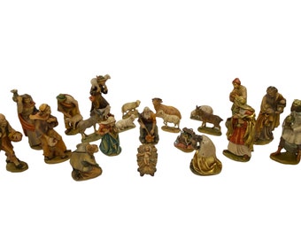 ARNI Hand Carved & Painted Nativity Set - 21 Pieces - Made In Italy - Mid-Century - Jesus, Mary, Joseph, Wise Men, Shepherds, Farm Animals