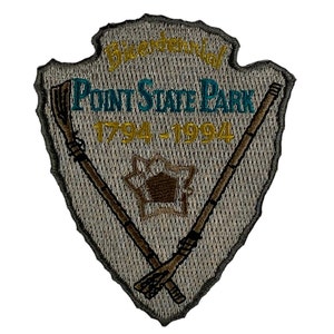 Puede incluir: Parche del Parque Estatal Point Bicentenario con fondo gris, una estrella dorada con una cabaña marrón en su interior y dos palos cruzados marrones. El texto dice "Bicentennial Point State Park 1794 - 1994".