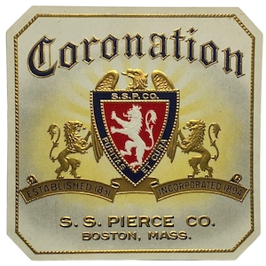 CORONATION Etiqueta de cartón de cigarrillos - S. S. Pierce & Co.- Etiqueta publicitaria antigua
