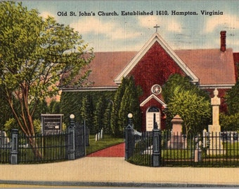 OLD ST. JOHN'S Church Linen Postcard - Hampton, Virginia - Postmarked May 21, 1945