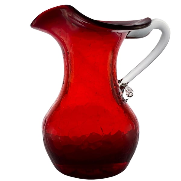 BLENKO Ruby Red Crinkle Art Glass PITCHER - 7.5 Inches Tall - Mid-Century Modern