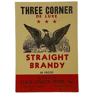THREE CORNER De Luxe Straight BRANDY Label - Vintage Advertising Label - State Liquor Store - Boston, Massachusetts