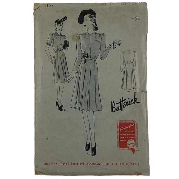 BUTTERICK Sewing Pattern 1157 - Size 12 - Bust 30 - Complete - Vintage 1940's